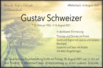 Traueranzeige von Gustav Schweizer von Marbacher Zeitung
