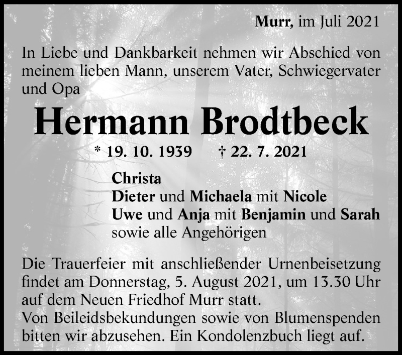  Traueranzeige für Hermann Brodtbeck vom 03.08.2021 aus Marbacher Zeitung