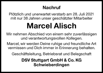 Traueranzeige von Marcel Alisch von Marbacher Zeitung