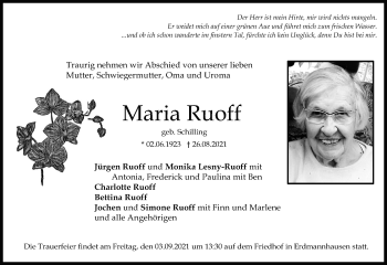 Traueranzeige von Maria Ruoff von Marbacher Zeitung