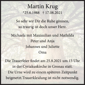 Traueranzeige von Martin Krug von Marbacher Zeitung