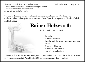 Traueranzeige von Rainer Holzwarth von Marbacher Zeitung