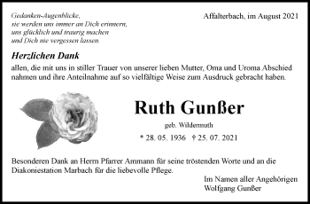 Traueranzeige von Ruth Gunßer von Marbacher Zeitung