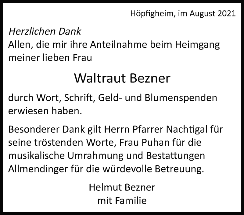  Traueranzeige für Waltraut Bezner vom 05.08.2021 aus Marbacher Zeitung