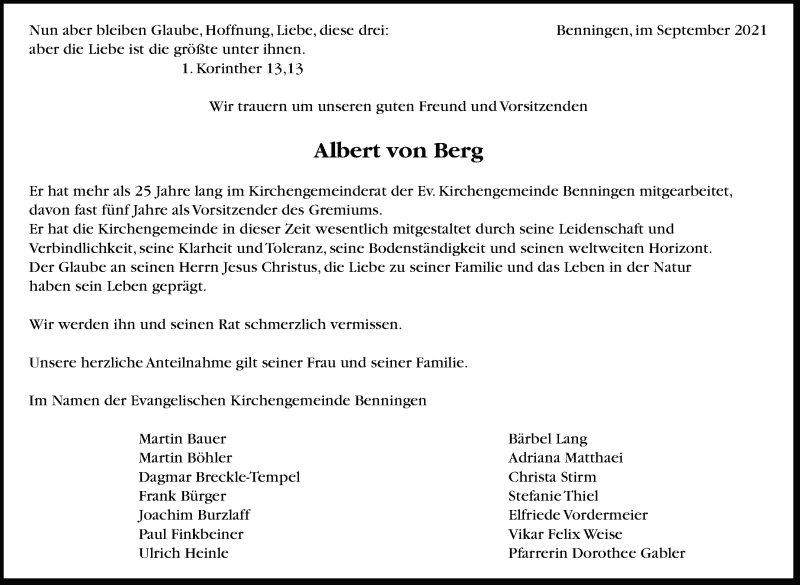  Traueranzeige für Albert von Berg vom 23.09.2021 aus Marbacher Zeitung