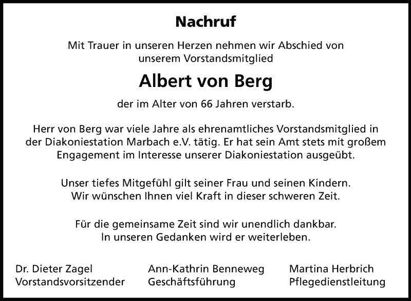  Traueranzeige für Albert von Berg vom 22.09.2021 aus Marbacher Zeitung