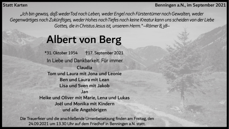  Traueranzeige für Albert von Berg vom 21.09.2021 aus Marbacher Zeitung