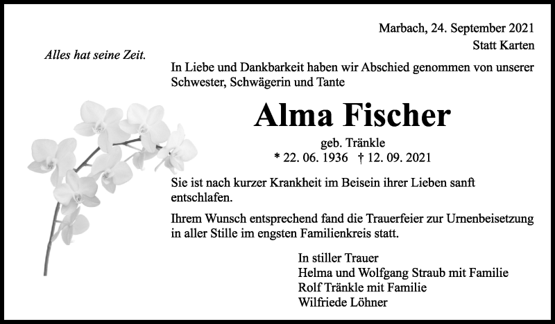  Traueranzeige für Alma Fischer vom 24.09.2021 aus Marbacher Zeitung