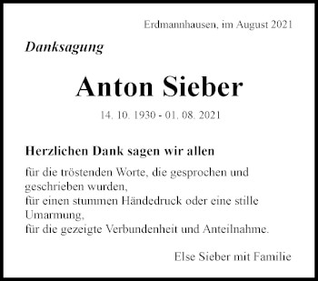 Traueranzeige von Anton Sieber von Marbacher Zeitung
