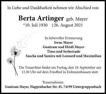 Traueranzeige von Berta Artinger von Marbacher Zeitung
