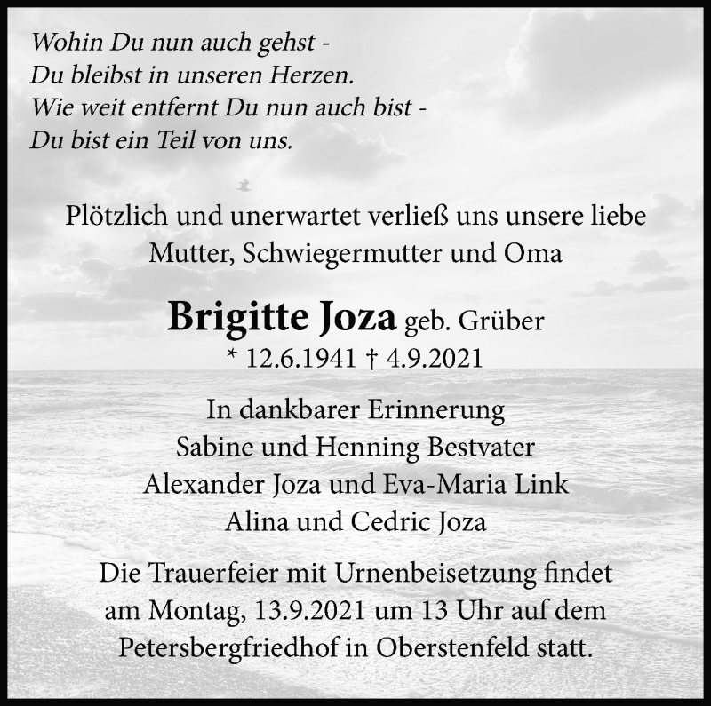  Traueranzeige für Brigitte Joza vom 11.09.2021 aus Marbacher Zeitung