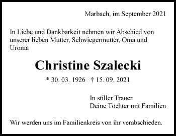 Traueranzeige von Christine Szalecki von Marbacher Zeitung