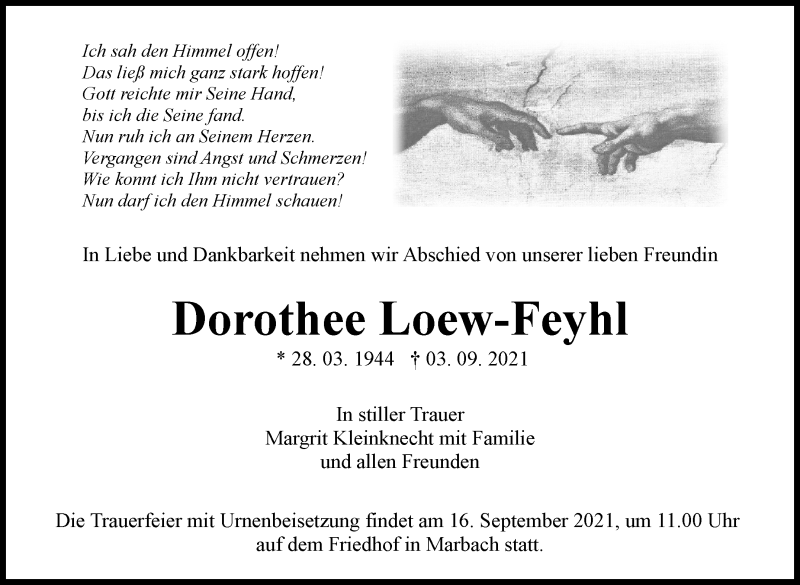  Traueranzeige für Dorothee Loew-Feyhl vom 13.09.2021 aus Marbacher Zeitung