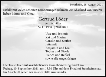 Traueranzeige von Gertrud Löder von Marbacher Zeitung