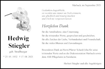 Traueranzeige von Hedwig Stiegler von Marbacher Zeitung