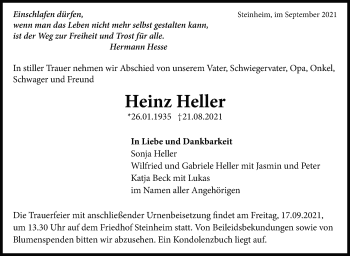 Traueranzeige von Heinz Heller von Marbacher Zeitung