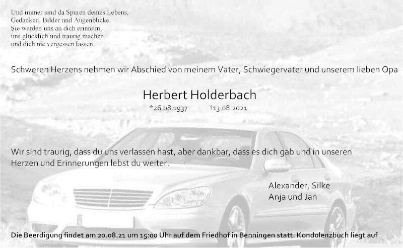  Traueranzeige für Herbert Holderbach vom 18.08.2021 aus Marbacher Zeitung