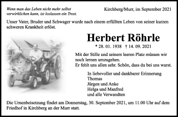 Traueranzeige von Herbert Röhrle von Marbacher Zeitung