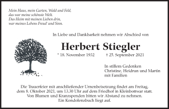 Traueranzeige von Herbert Stiegler von Marbacher Zeitung