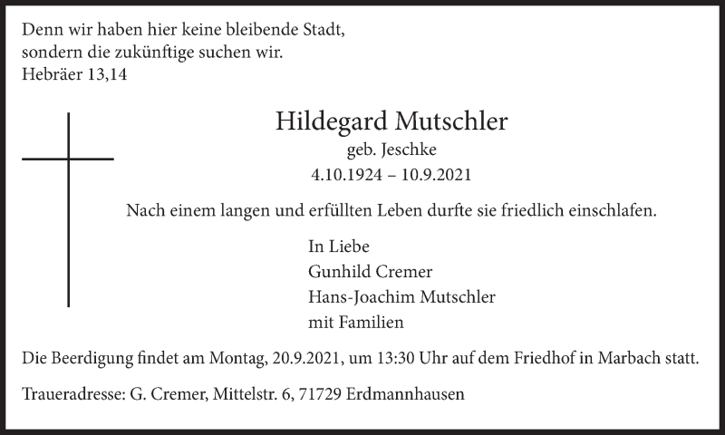  Traueranzeige für Hildegard Mutschler vom 16.09.2021 aus Marbacher Zeitung