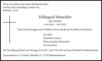Traueranzeige von Hildegard Mutschler von Marbacher Zeitung