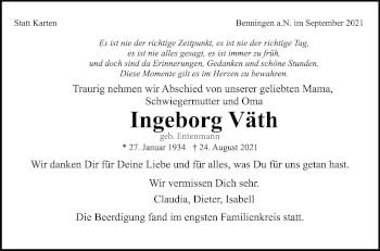 Traueranzeige von Ingeborg Väth von Marbacher Zeitung