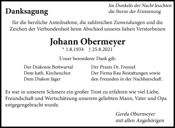 Traueranzeige von Johann Obermeyer von Marbacher Zeitung