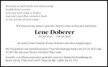 Traueranzeige von Lene Doberer von Marbacher Zeitung
