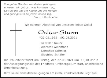 Traueranzeige von Oskar Sturm von Marbacher Zeitung
