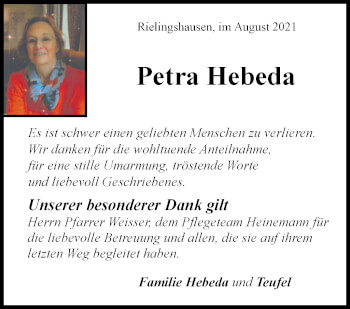 Traueranzeige von Petra Hebeda von Marbacher Zeitung