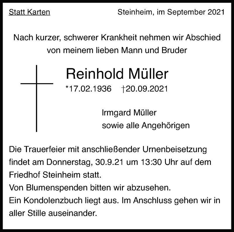  Traueranzeige für Reinhold Müller vom 24.09.2021 aus Marbacher Zeitung
