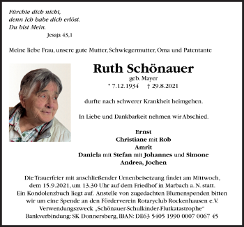 Traueranzeige von Ruth Schönauer von Marbacher Zeitung