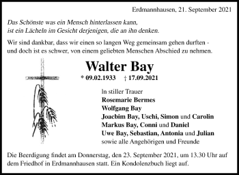 Traueranzeige von Walter Bay von Marbacher Zeitung