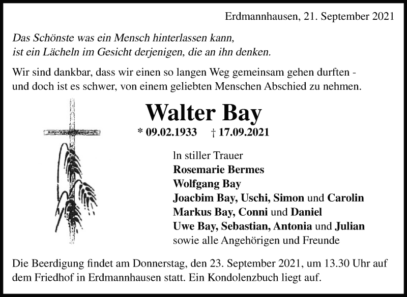  Traueranzeige für Walter Bay vom 21.09.2021 aus Marbacher Zeitung