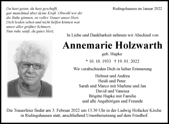 Traueranzeige von Annemarie Holzwarth von Marbacher Zeitung