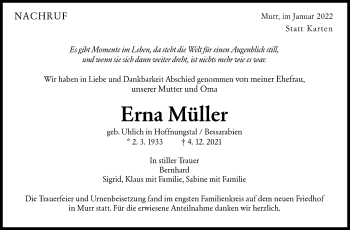 Traueranzeige von Erna Müller von Marbacher Zeitung