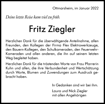 Traueranzeige von Fritz Ziegler von Marbacher Zeitung