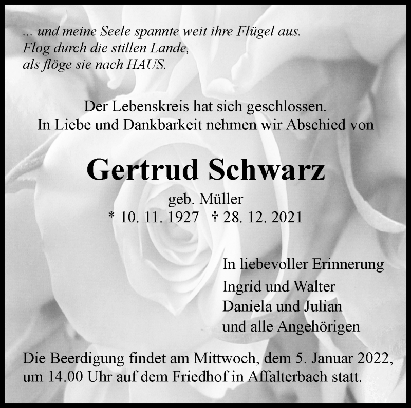  Traueranzeige für Gertrud Schwarz vom 04.01.2022 aus Marbacher Zeitung