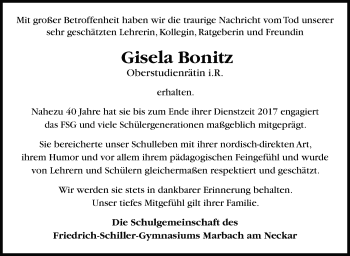 Traueranzeige von Gisela Bonitz von Marbacher Zeitung