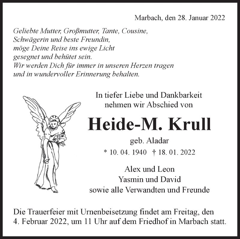  Traueranzeige für Heide-Maria Krull vom 28.01.2022 aus Marbacher Zeitung