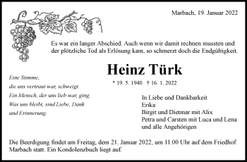 Traueranzeige von Heinz Türk von Marbacher Zeitung