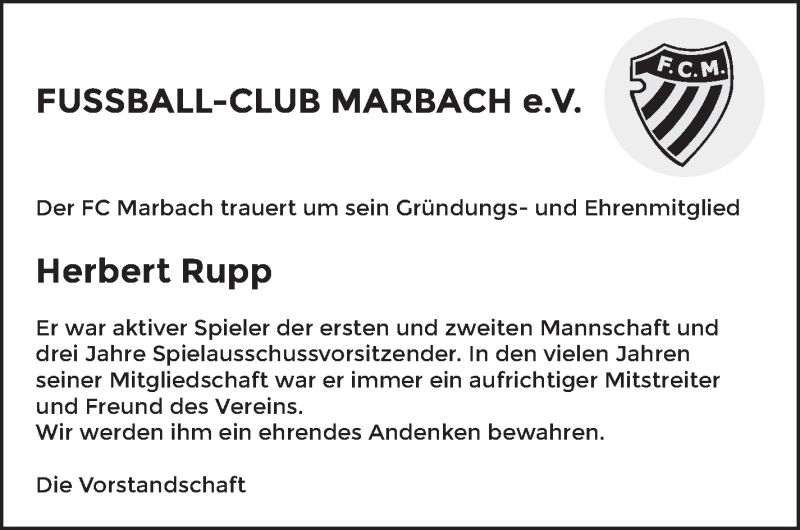  Traueranzeige für Herbert Rupp vom 25.01.2022 aus Marbacher Zeitung