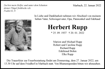 Traueranzeige von Herbert Rupp von Marbacher Zeitung