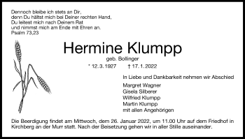 Traueranzeige von Hermine Klumpp von Marbacher Zeitung