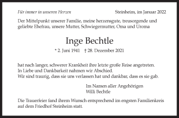 Traueranzeige von Inge Bechtle von Marbacher Zeitung