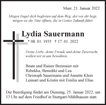 Traueranzeige von Lydia Sauermann von Marbacher Zeitung