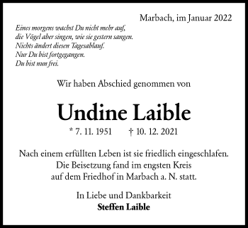 Traueranzeige von Undine Laible von Marbacher Zeitung