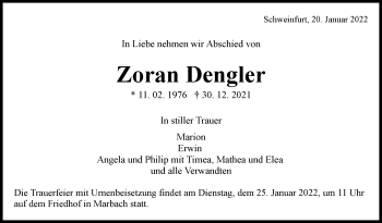 Traueranzeige von Zoran Dengler von Marbacher Zeitung