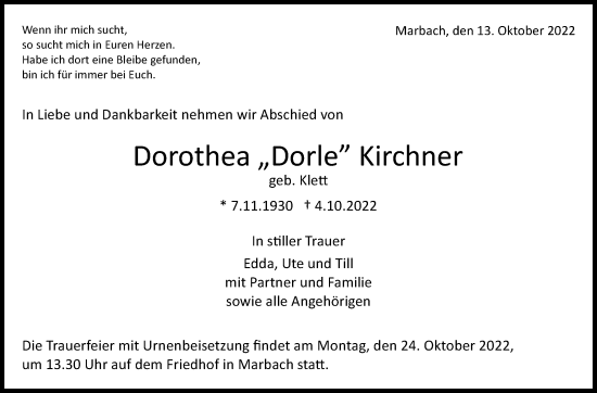 Traueranzeige von Dorothea Kirchner von Marbacher Zeitung