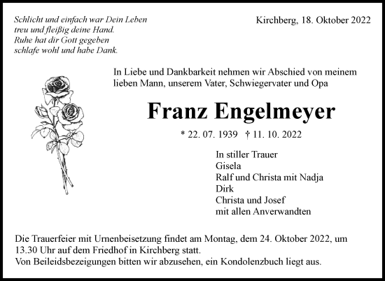 Traueranzeige von Franz Engelmeyer von Marbacher Zeitung